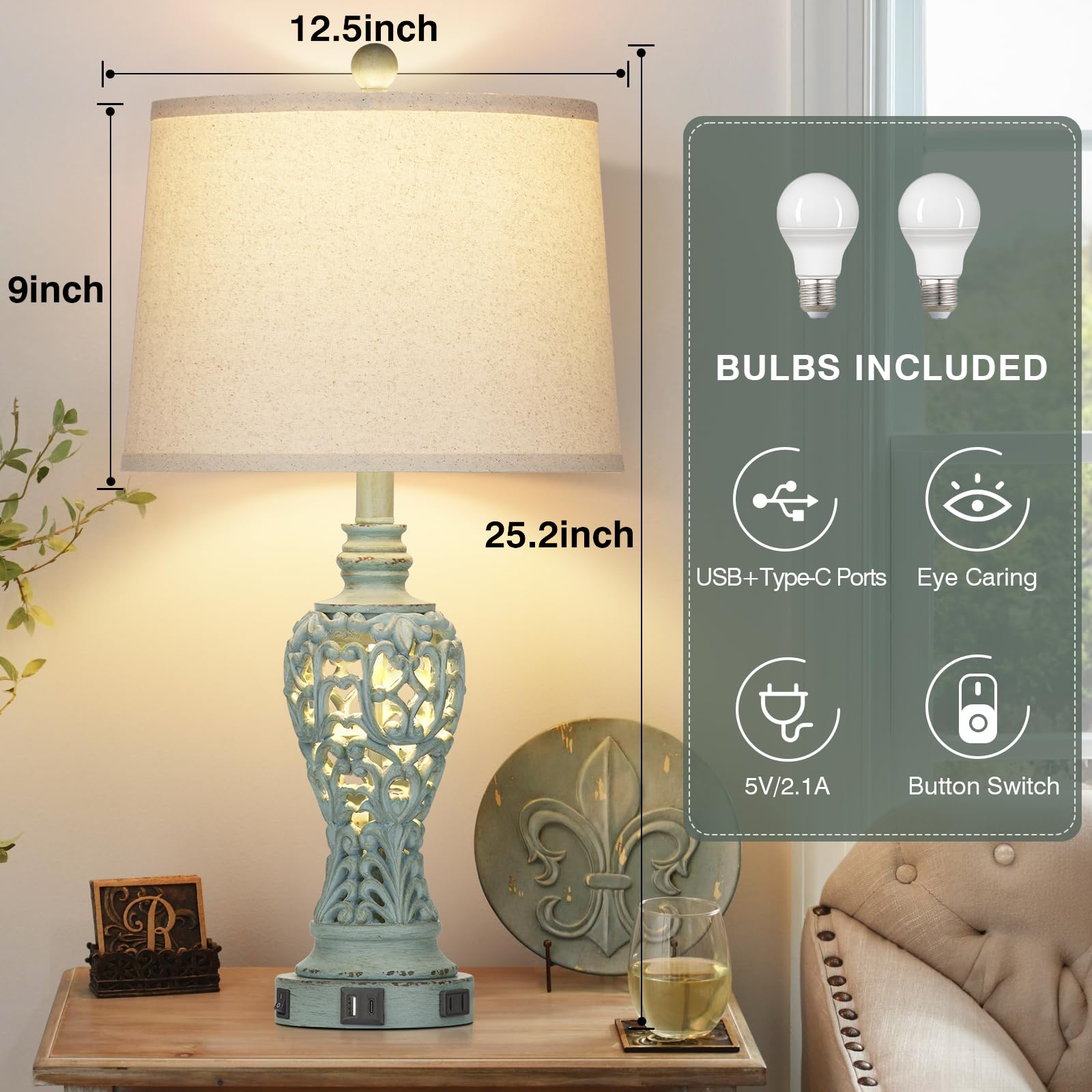 Rinweey Farmhouse Table Lamps Set of 2 with Nightlight, Coastal Bedside Lamps with USB A+C Ports & AC Outlet, Blue Vintage Nightstand Lamps for Bedroom Living Room