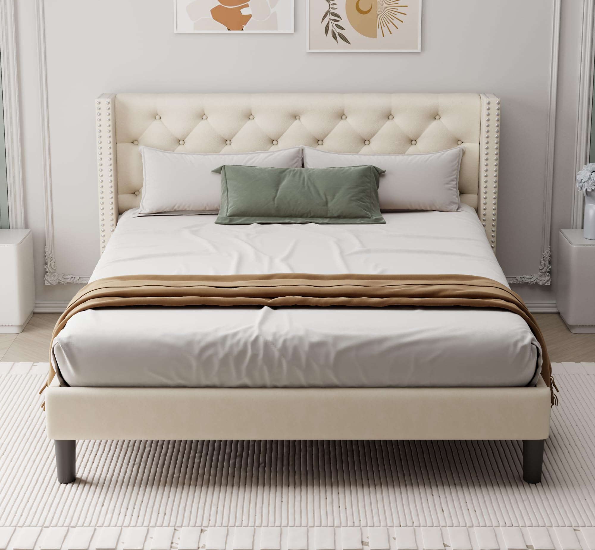 Queen Bed Frame Modern: Minimalist Tufted Headboard- Upholstered Platform