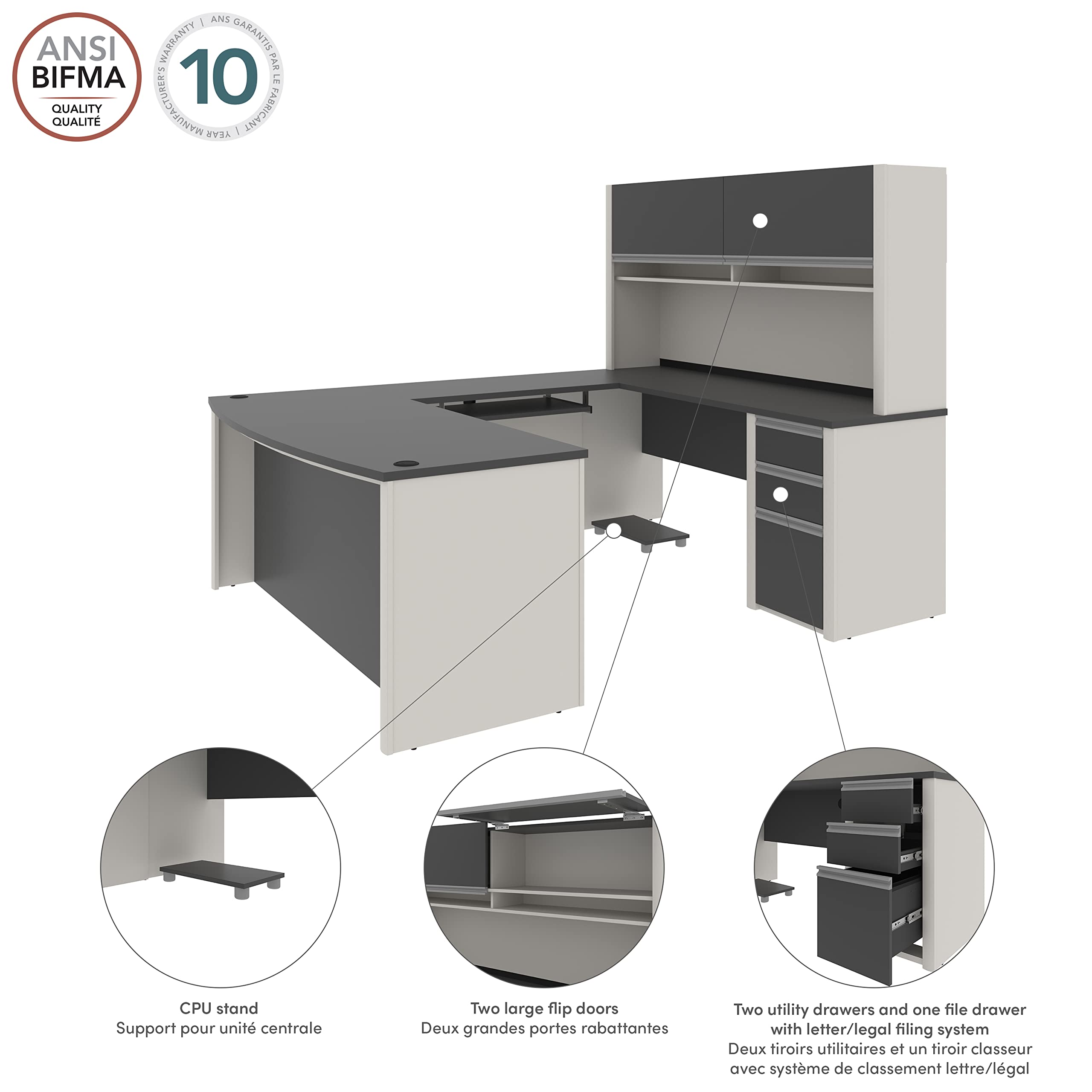Connexion U-Shaped Workstation with Three Drawers, 72W, Slate/Sandstone