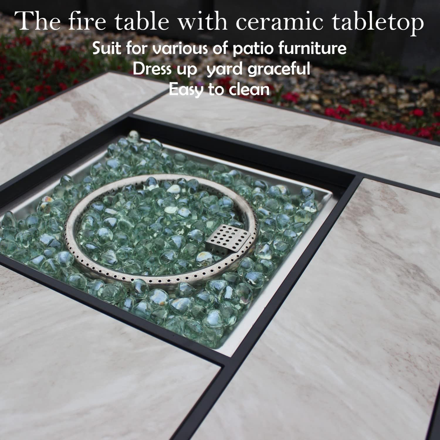 OutVue 30" Propane Fire Pit with Real Ceramic Tabletop, 50000 BTU Gas Firepit Table with Lid & Glass Rock, Outdoor Fire Pit for Dining or Party, Firepit for Outside, Patio, Garden, Yard