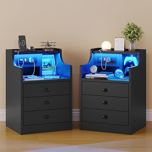 Grey Nightstand Set of 2,LED Nightstand with Charging Station