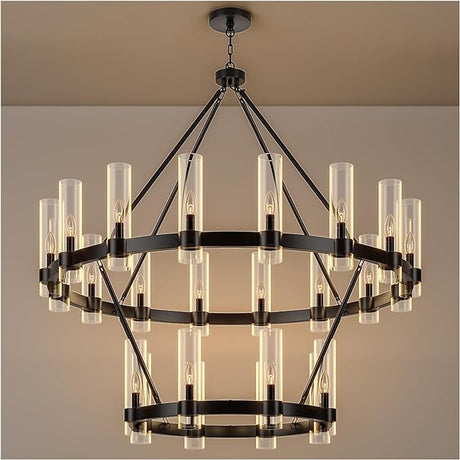 48 Inch Black Wagon Wheel Chandelier with Glass Shade, 16 Lights, Modern Farmhouse