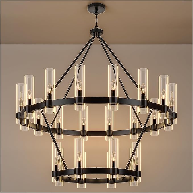 24-Lights Black Wagon Wheel Chandelier Modern Farmhouse with Glass Shade