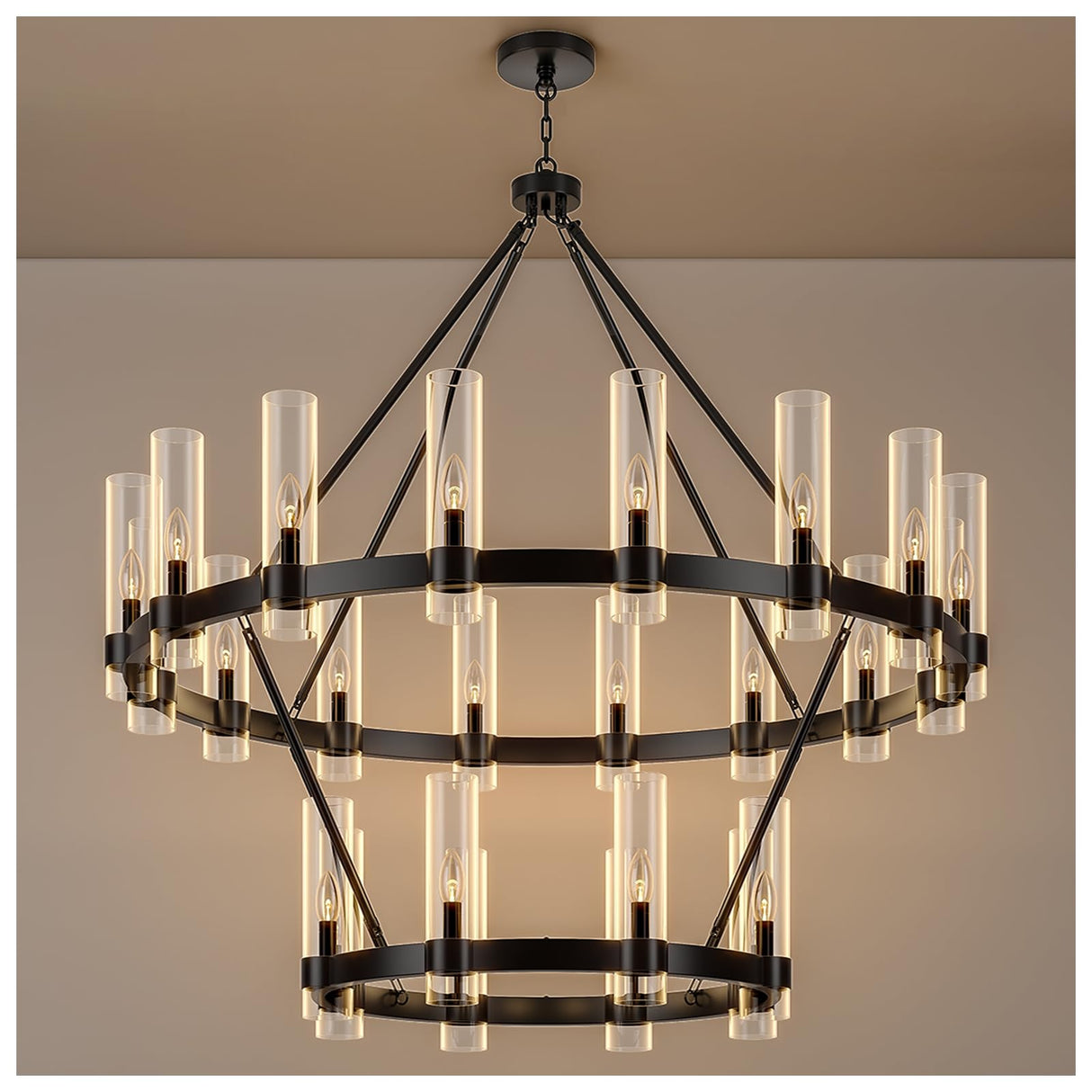 24-Lights Black Wagon Wheel Chandelier Modern Farmhouse with Glass Shade