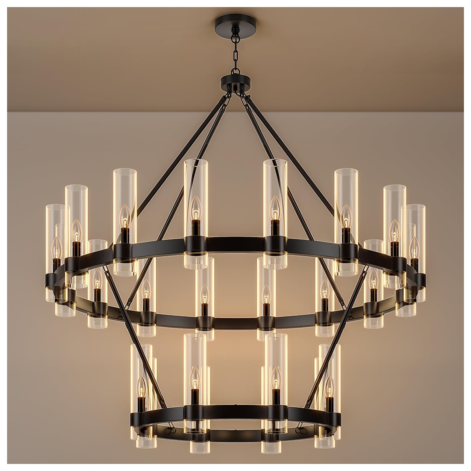24-Lights Black Wagon Wheel Chandelier Modern Farmhouse with Glass Shade