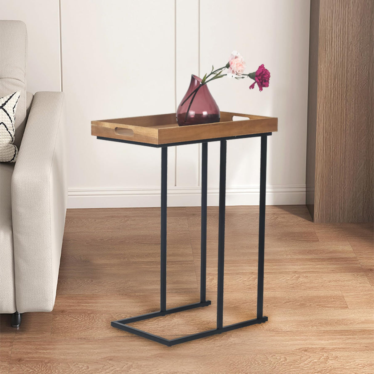 Side Table with Wood Tray, C-Shaped Small End Table for Couch, Sofa Table