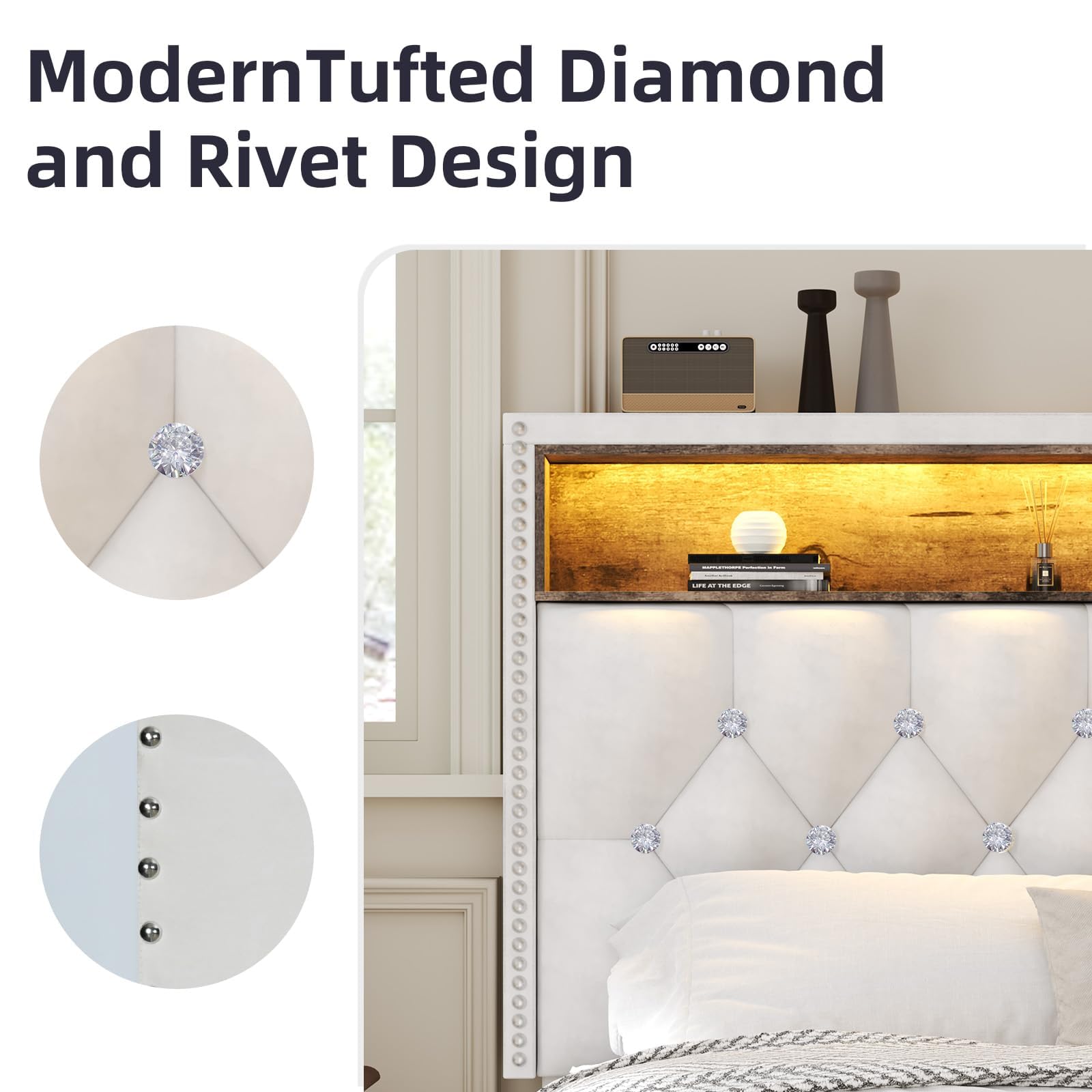 King Size Bed Frame with LED Lights and Storage Headboard