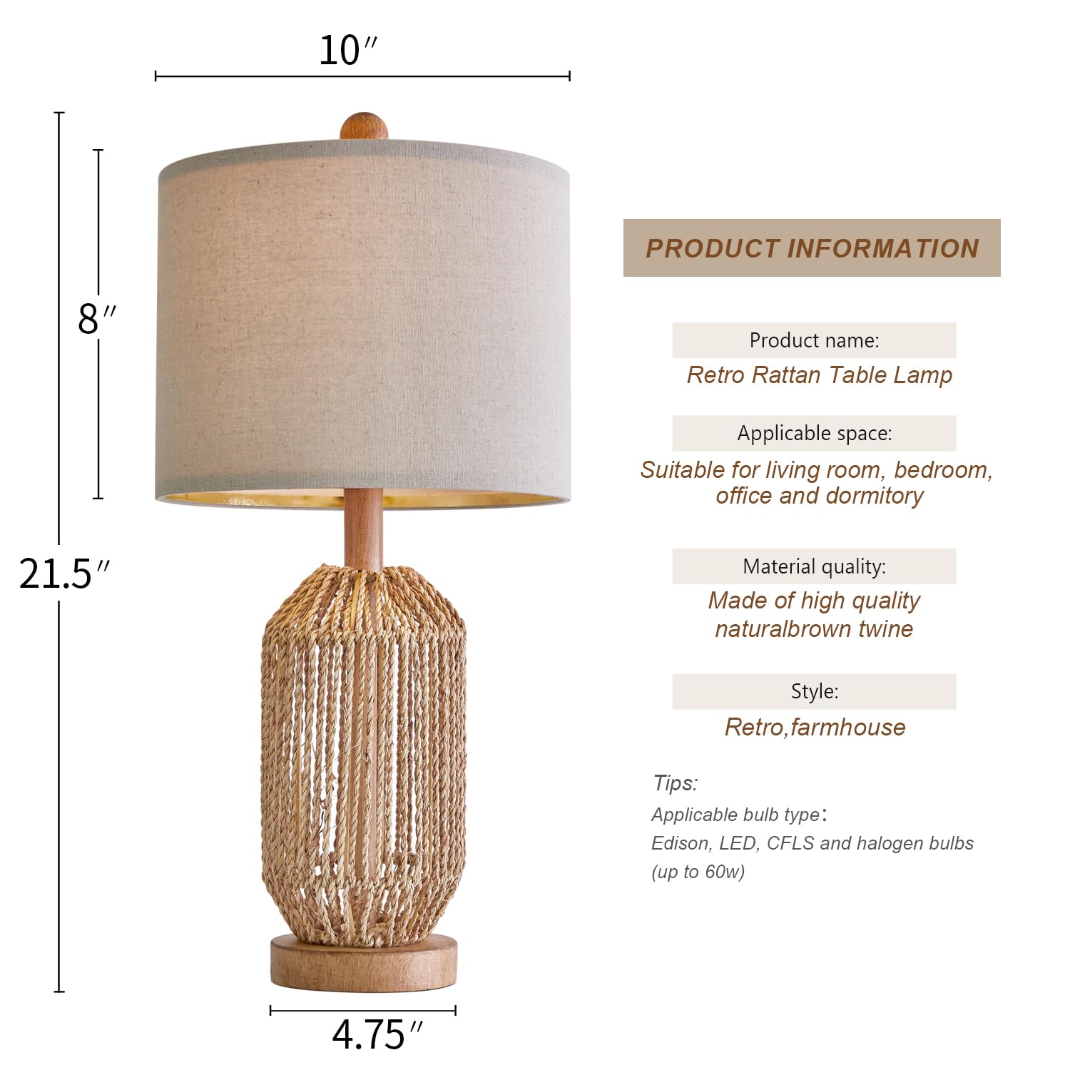 21" Boho Table Lamps Set of 2 for Living Room, Bedside Lamps for Nightstand