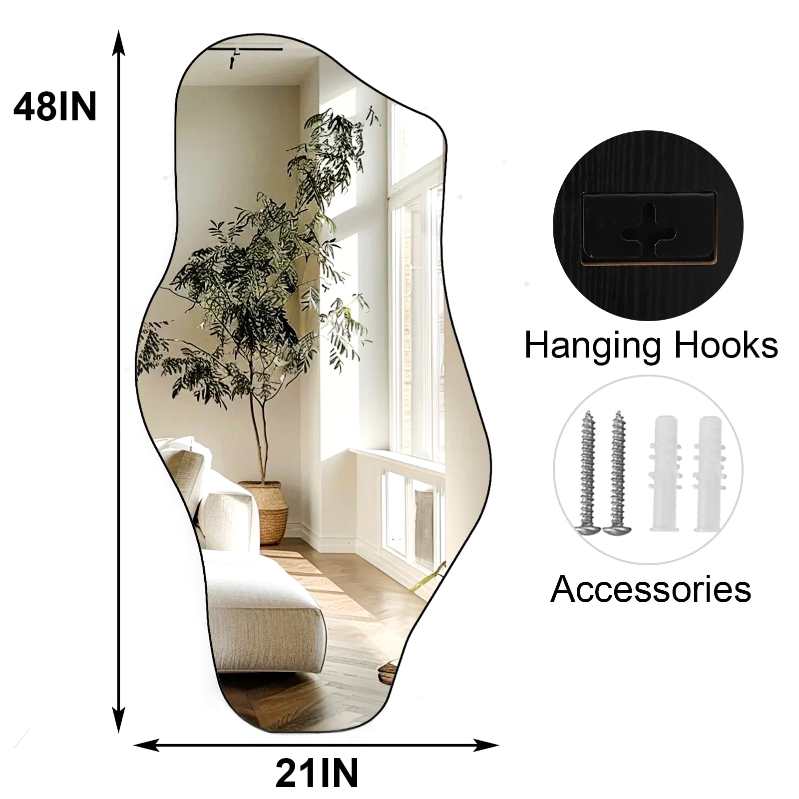 Large Irregular Wall Mirror 48" x 21" - Asymmetrical Full Length Mirror