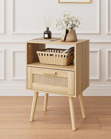 Bedroom Nightstands Wooden Night Stands with Rattan Weaving Drawer Home Bedside