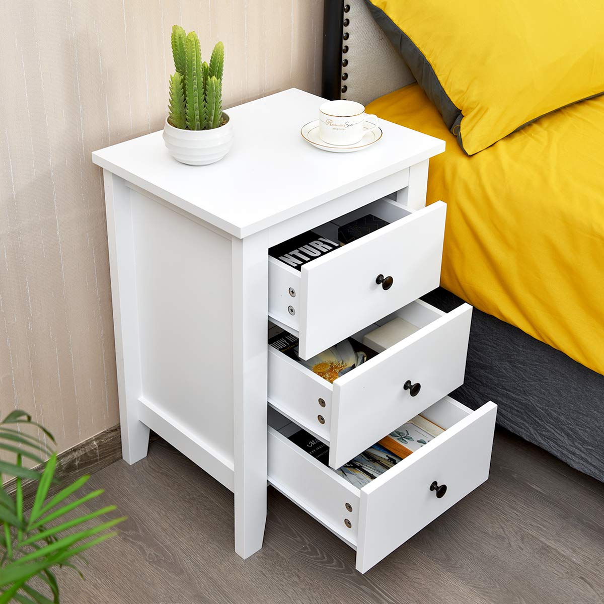 Nightstand, Side Table with 3 Drawers, Bedroom Side Storage Cabinet Wooden End Table Accent Table Solid Wood Legs (White, 2 Pics)