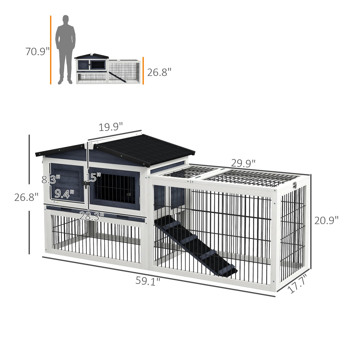 Rabbit Hutch Outdoor, 59" Wooden Bunny Cage with Openable Top, Run, Asphalt Roof