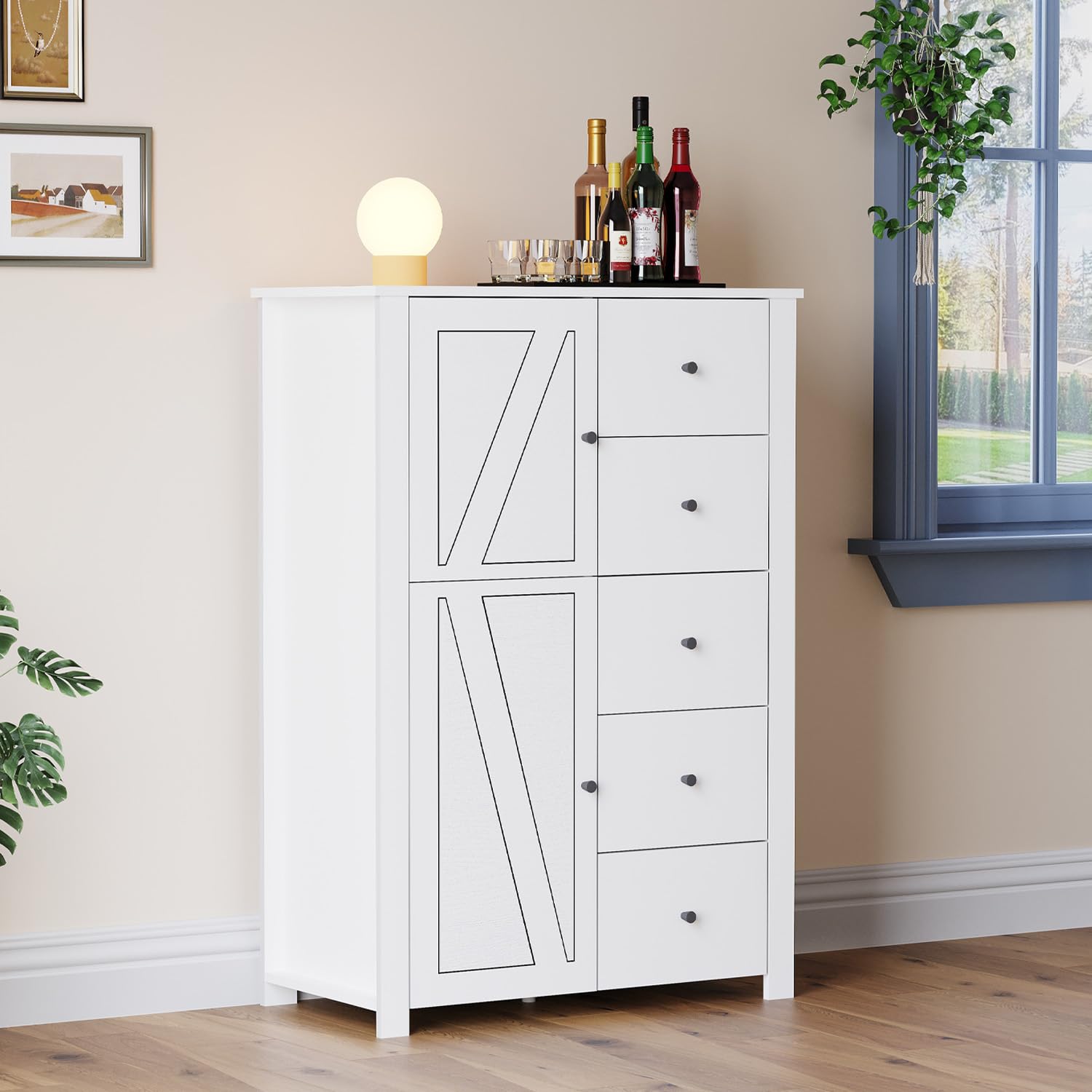 Farmhouse Storage Cabinet with 5 Drawers, Floor Cabinet with Doors,Freestanding