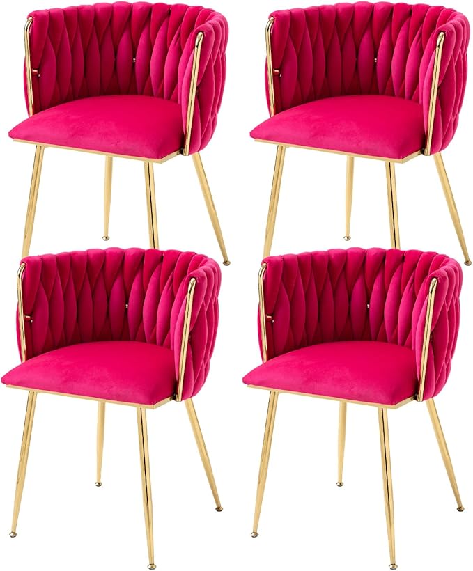 Modern Velvet Dining Chairs Set of 4, Woven Dining Room Chairs with Gold Metal Legs