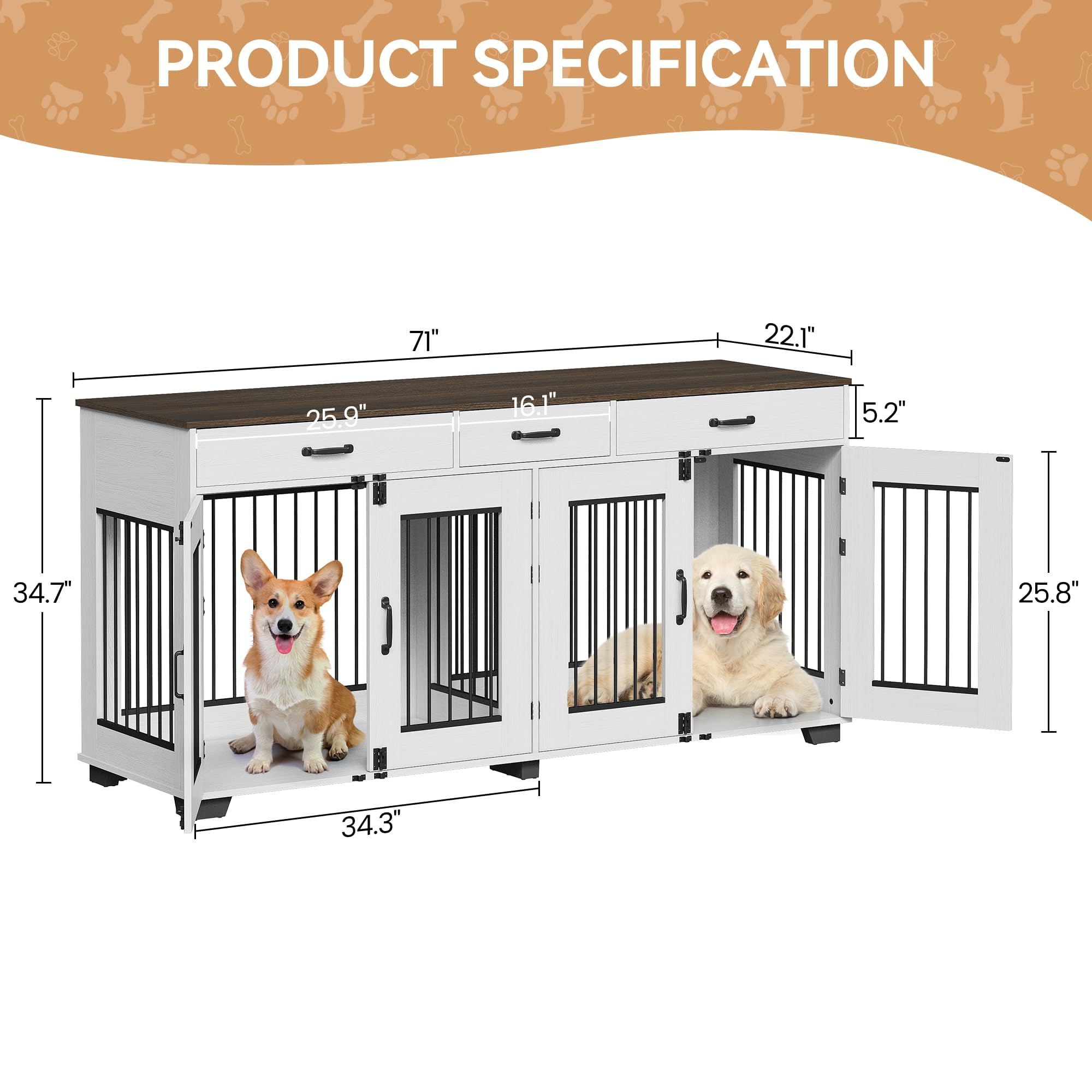 71" Double Dog Crate Furniture with Storage Drawers