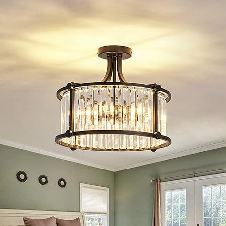 5-Light E12 Round Crystal Ceiling Light Fixture Modern Semi Flush