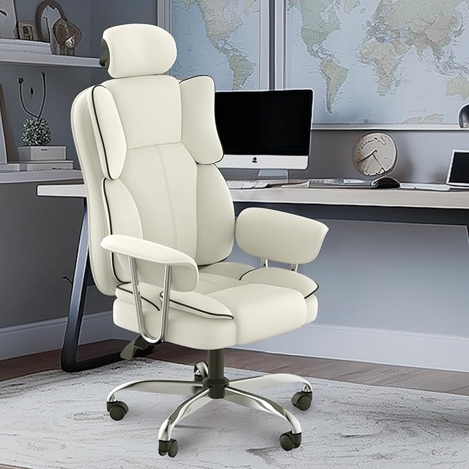 Big and Tall Office Chair 400lbs PU Leather Computer Chair with Footrest and Lumbar Support Executive Chair Swivel Chair Desk Chair Adjustable Height & Reclining Backrest Brown