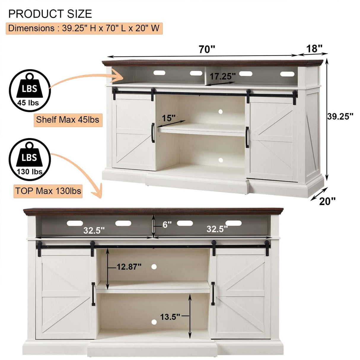 Farmhouse TV Stand for 80 Inch TVs, 39" Tall Entertainment Center w/Storage Cabinets