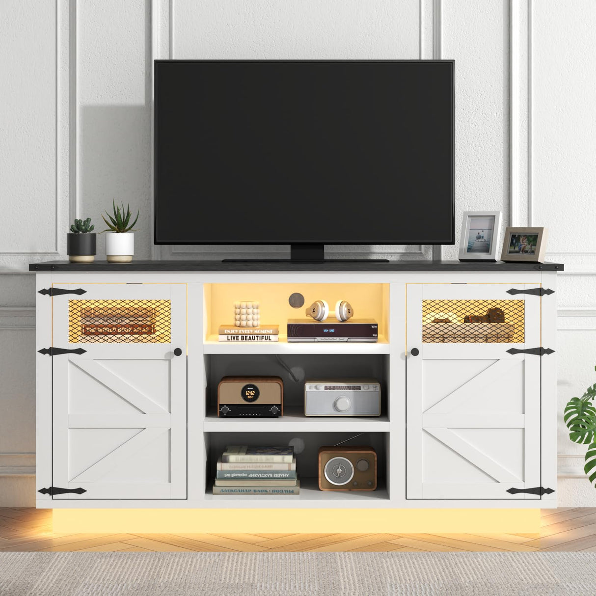 Farmhouse TV Stand with Power Outlet & LED Lights for 65+ Inch TV