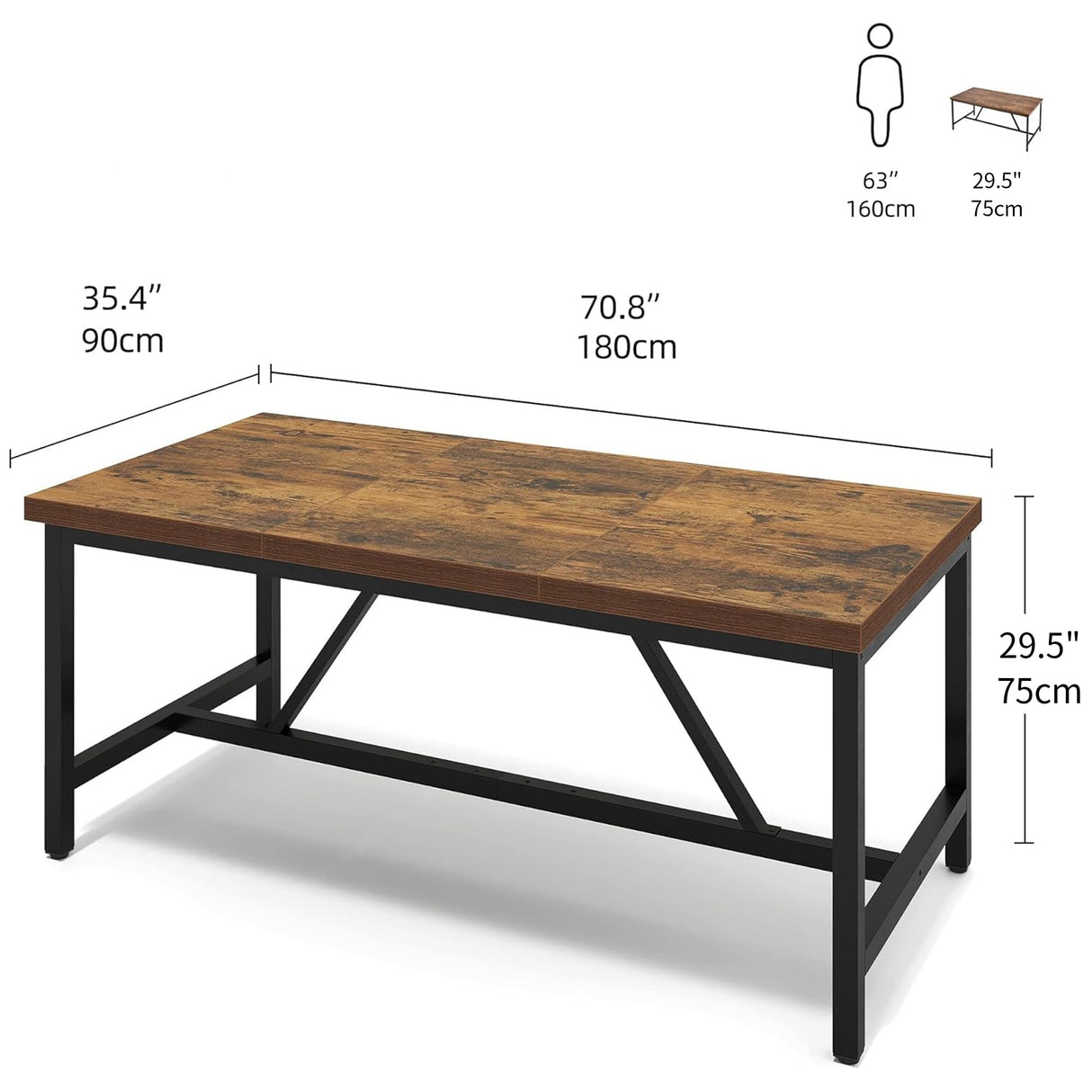 70.8" Large Kitchen Dining Room Table for 6-8 People, Rustic Brown Farmhouse Industrial Wood Style Rectangle