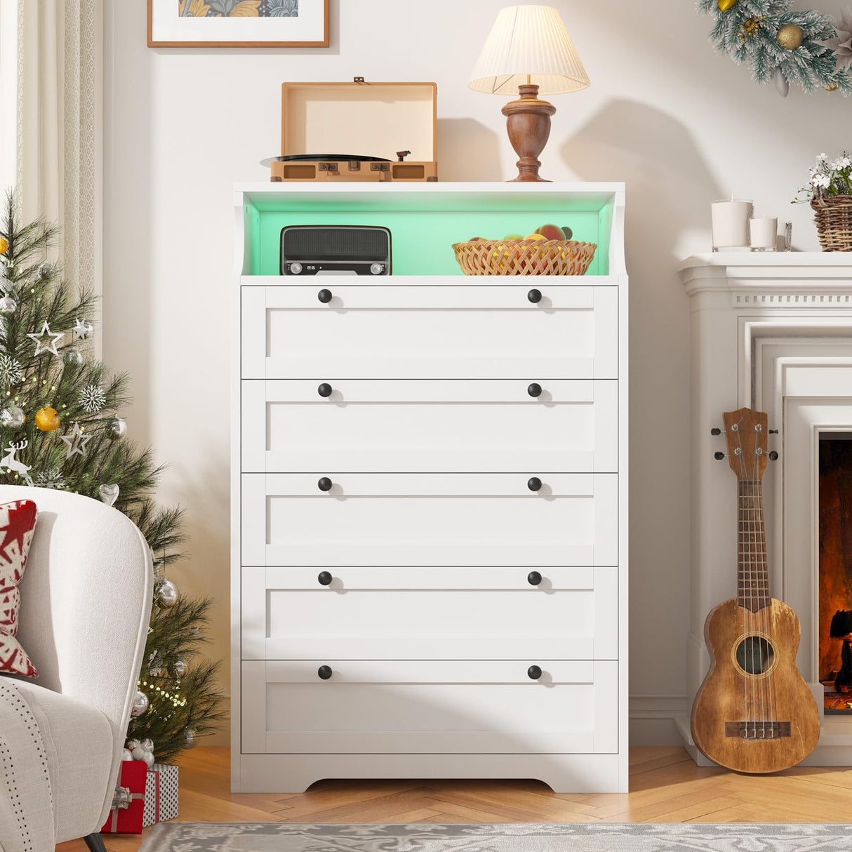 EnHomee Dresser for Bedroom White Dresser with LED Tall Dresser with 5 Wood Drawers White Dresser for Bedroom, Bedroom Dressers & Chests of Drawers, 5 Drawer Dresser, Tall Dressers for Bedroom