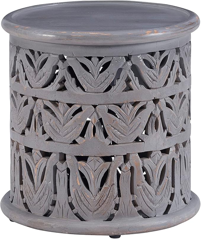 Dark Grey Hand Carved Details Tarton Round Side Table