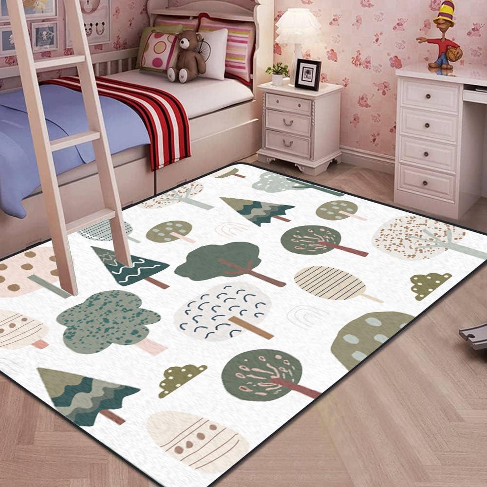 Soft Kids Play Area Rugs 3D Home Seamless Trendy Forest Texture Abstract Hand Drawn Tree Plush Rugs Non Slip Shaggy Carpets for Kids' Bedroom Classroom Playroom Nursery Décor