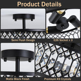 16" Black Crystal Ceiling Light - 3-Light Semi Flush Mount Chandelier