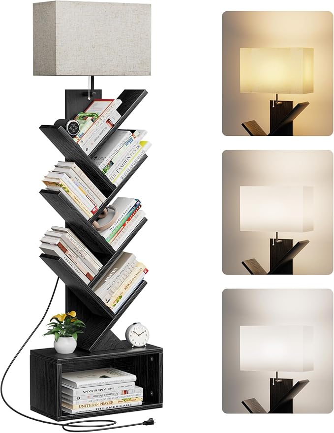 6 Tier Tree Bookshelf with Light, Narrow Bookcase Tower, Tall Floor Standing Book Organizer with Storage Cabinet for Living Room, Bedroom and Home Office, Rustic Brown