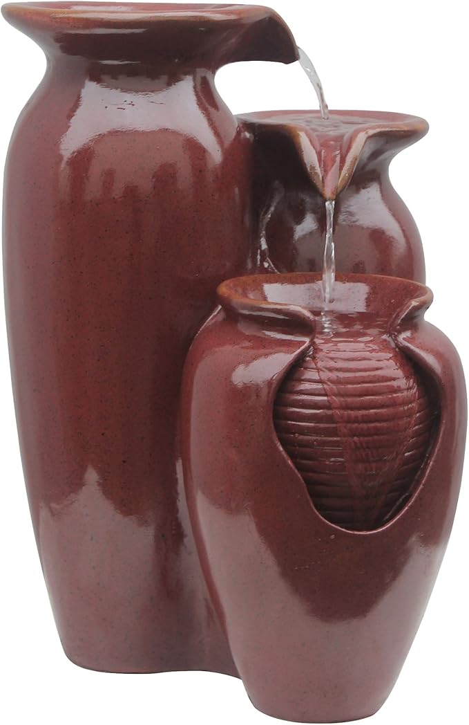 3 Tiered Floor Water Glazed Pots Fountain with LED Lights and Pump for Outdoor Patio Garden