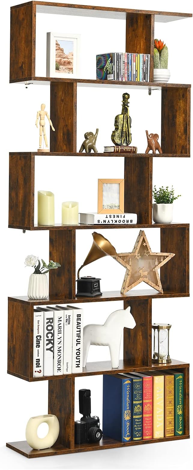 6 Tier S Shaped Bookshelf, 31.5''L x 9''W x 75''H, Wooden Bookcase and Bookshelves w/Anti-Toppling Device, Room Divider Display Shelves for Living Room, Home Decor, 6 Shelf Bookshelf