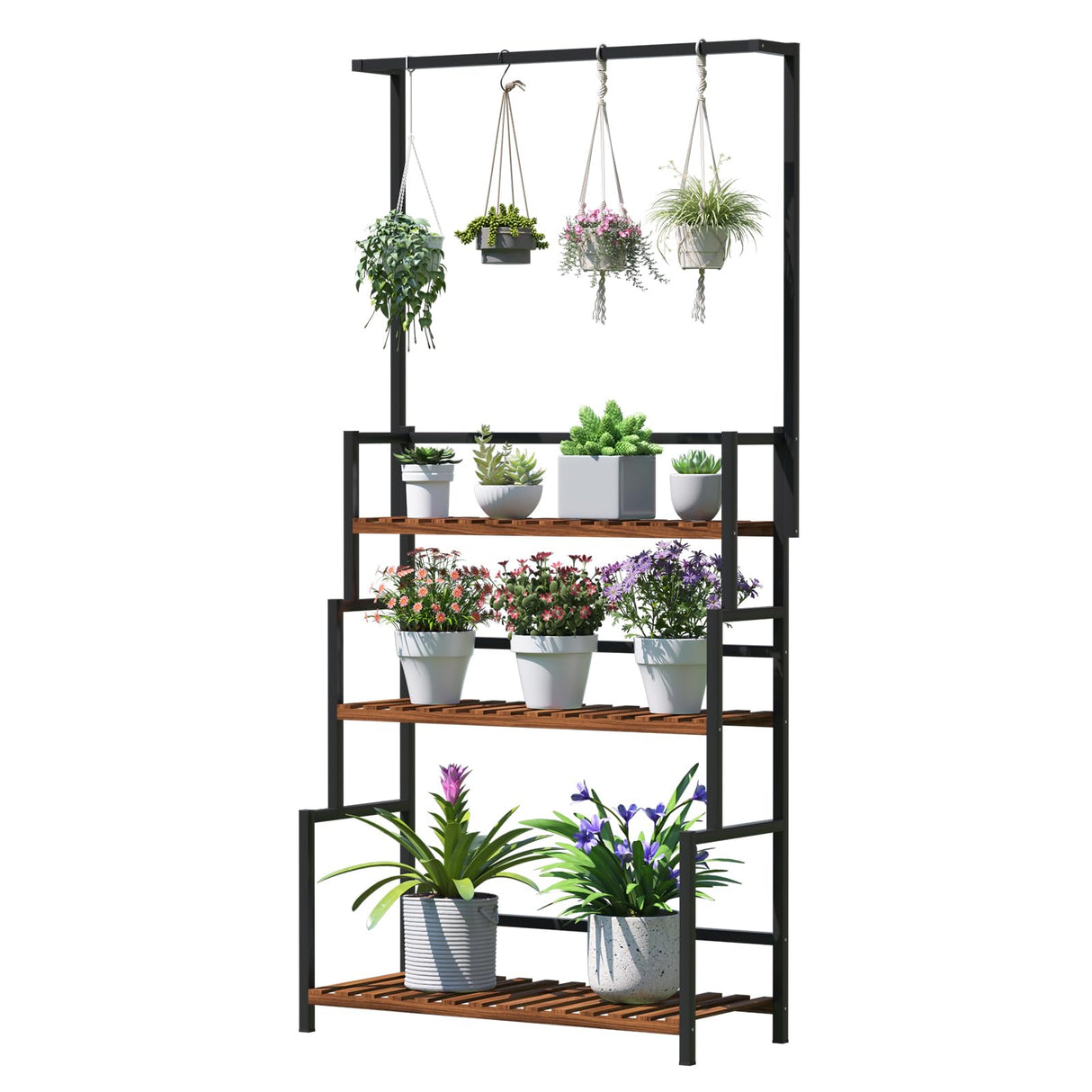 lukar 68 Inch Tall Metal 3-Tier Heavy Duty Plant Holder, 3 Tier Hanging Plant Stand with Bar Metal & Wood Flower Ladder Rack,Plant Display Cabinet Shelves Clearance for Garden Patio Greenhouse