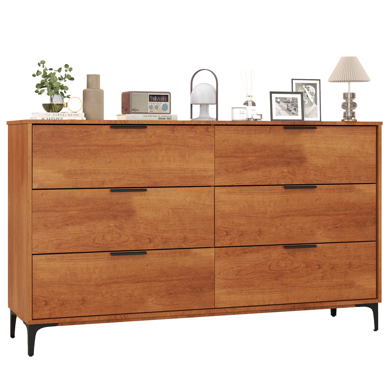 LOKO Mid Century Modern 6-Drawer Dresser, Wooden Chest of Drawers with Interlock System, Tall Storage Dresser for Bedroom, Living Room, Hallway, Cherry
