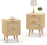 Rattan Nightstand Set of 2,Night Stand Bedside Table with 2 Drawers,Mid Century Modern