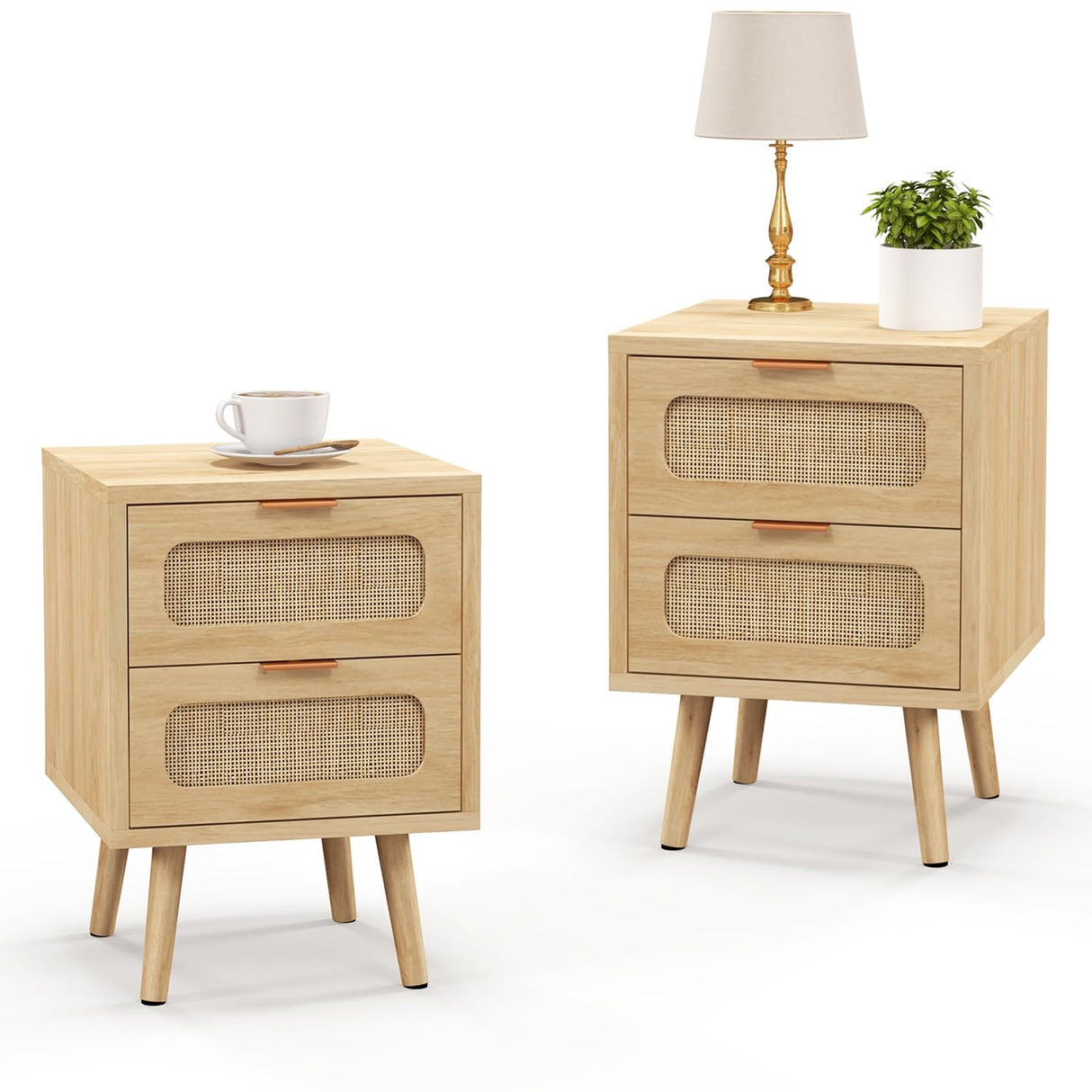 Rattan Nightstand Set of 2,Night Stand Bedside Table with 2 Drawers,Mid Century Modern