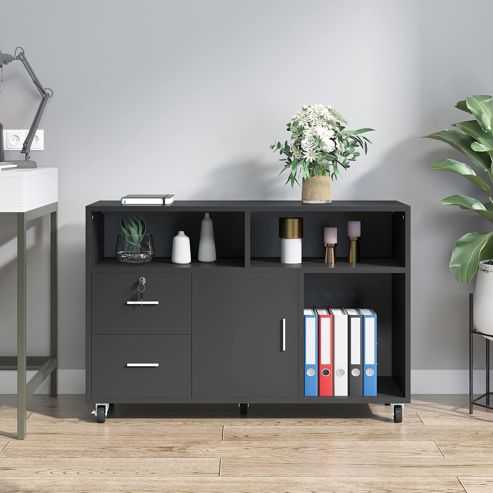 Wood File Cabinet, 2 Drawer Mobile Lateral Storage Cabinet Printer Stand