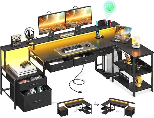 L Shaped Desk with 5 File Drawers, 75" Reversible L Shaped Computer Desk with Power Outlet & LED Strip, Office Desk with Storage Shelves, Gaming Desk with Monitor Shelf, Corner Desk, Vintage