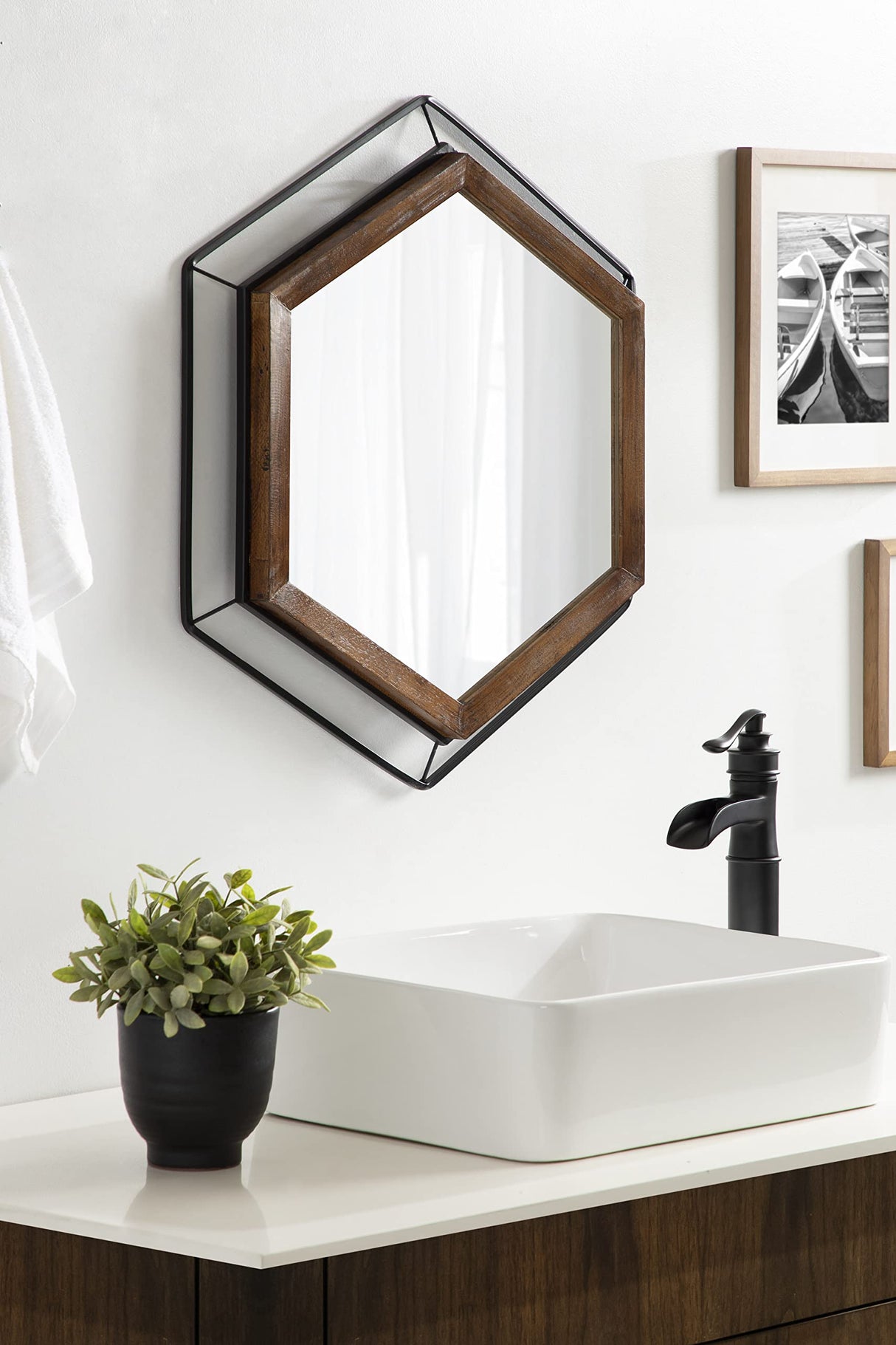 Wesman Modern Hexagon Wall Mirror, 28 x 28, Walnut and Black, Decorative Home Decor