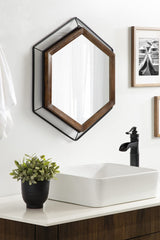 Wesman Modern Hexagon Wall Mirror, 28 x 28, Walnut and Black, Decorative Home Decor