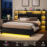 Queen Bed Frame with Bookcase Headboard and Charging Station