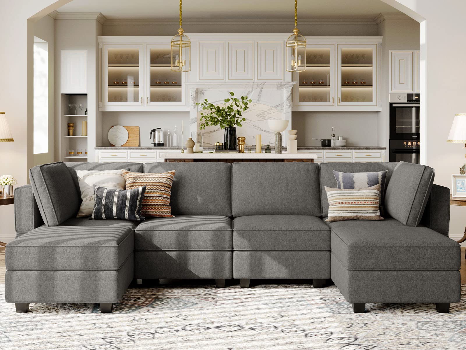 Shaped Sofa Modular Couch Reversible Storage Ottoman 6 Seater Sofa