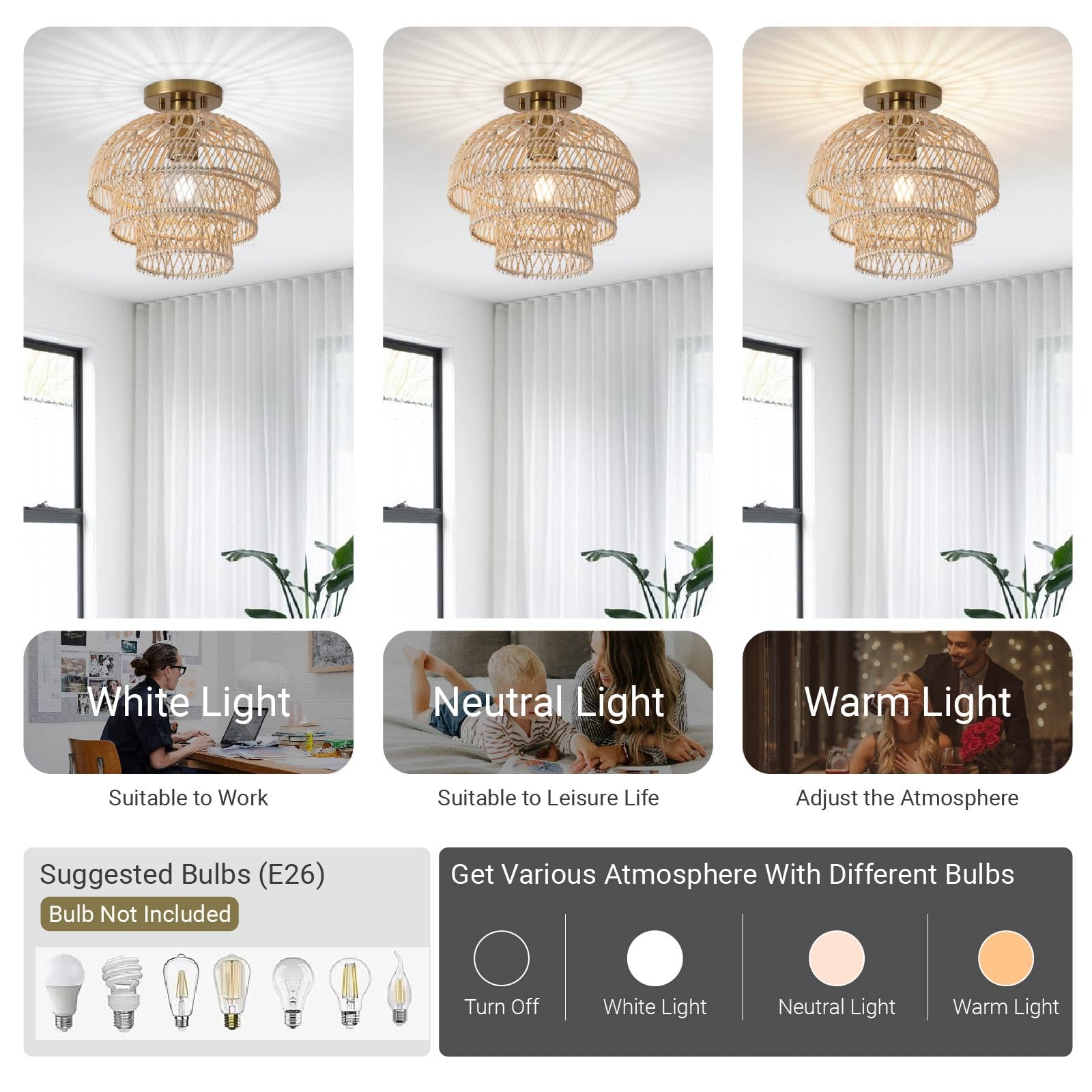 12'' Rattan Ceiling Light Fixtures Boho Chandelier Rattan Semi Flush Mount Ceiling Light