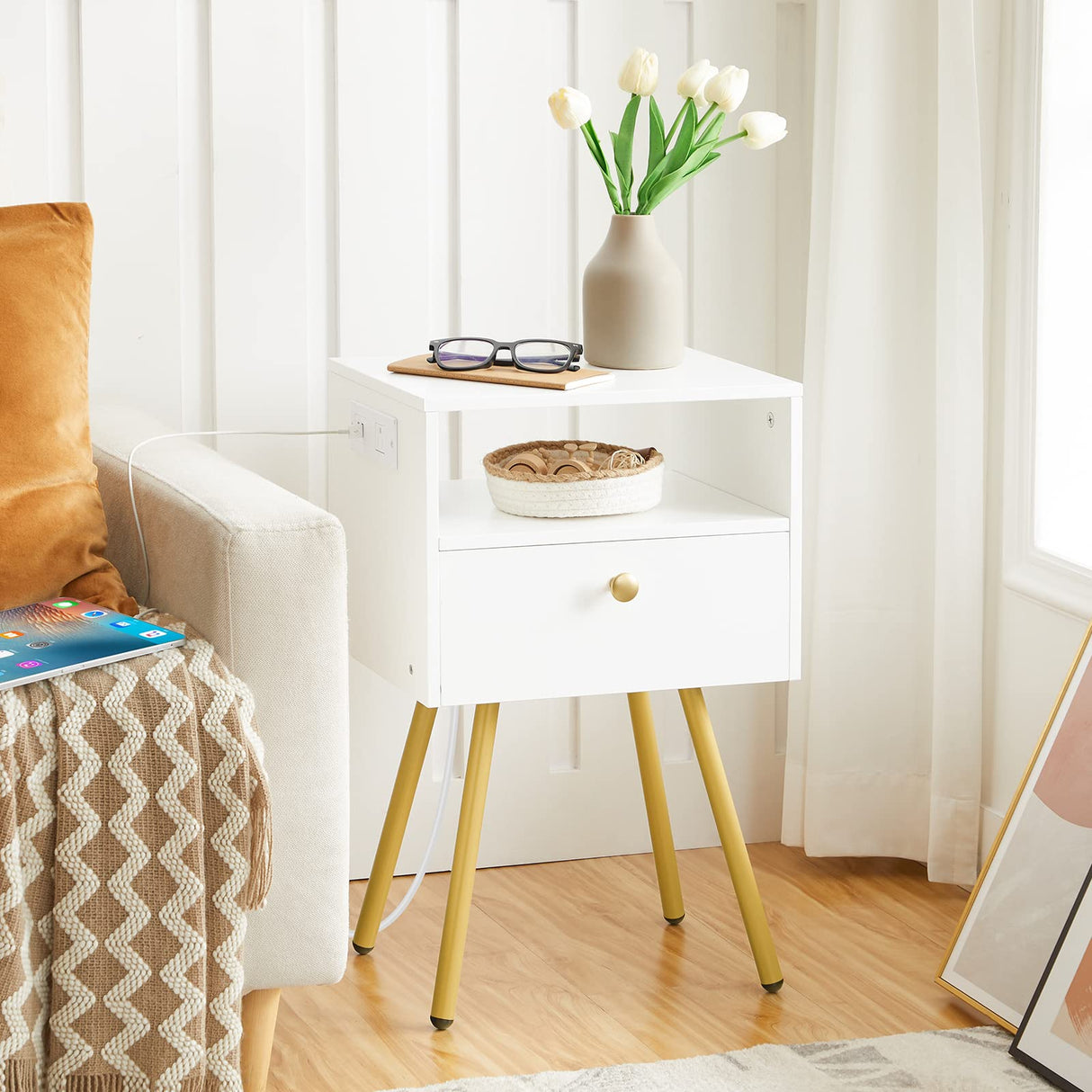 Nightstand with Charging Station, Tall End Table, Side Table