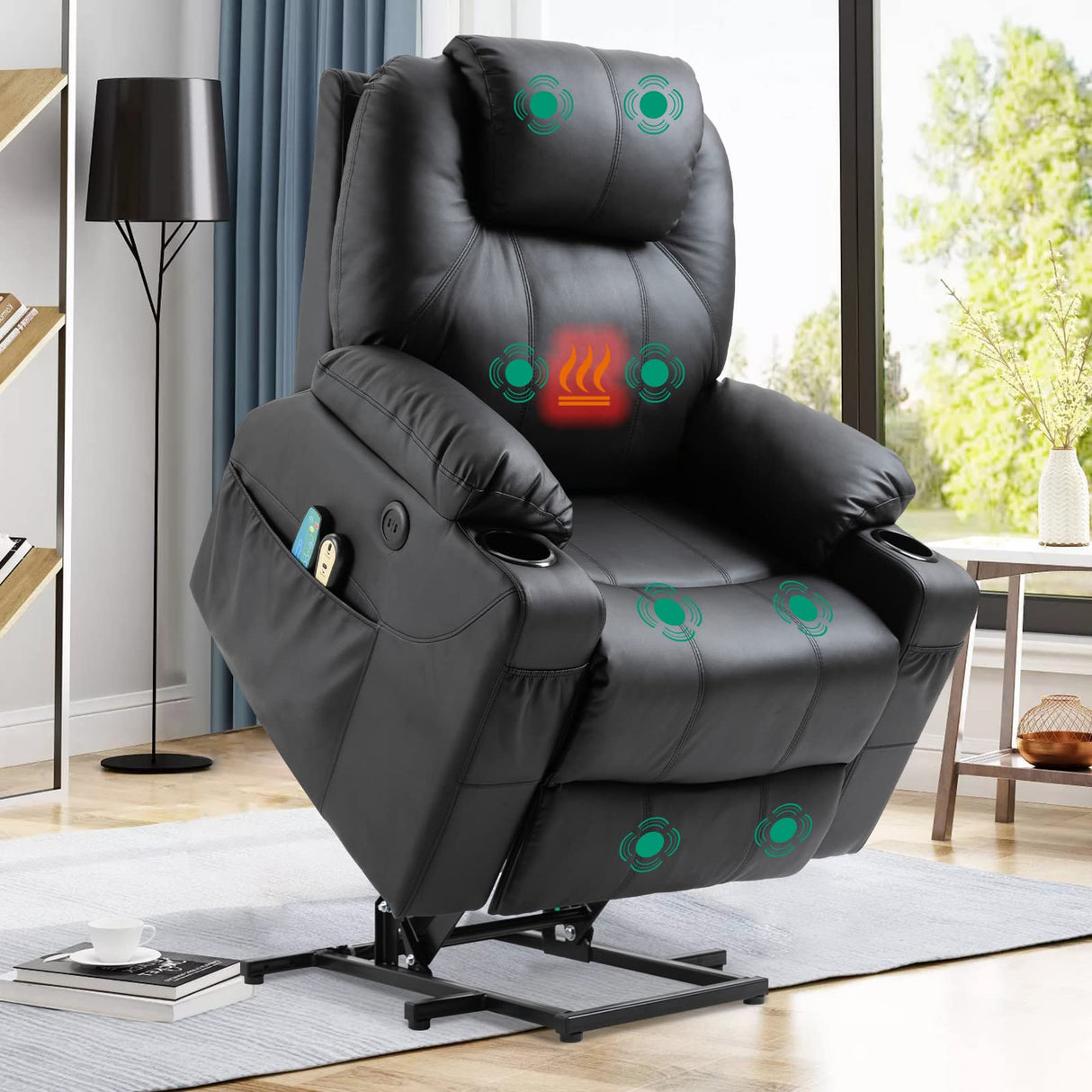 Power Lift Chair Electric Recliner for Elderly Heated Vibration Massage Faux Leather Recliner Chair with 2 Remote Controls, Cup Holders, Side Pockets & USB Ports for Living Room (Black)