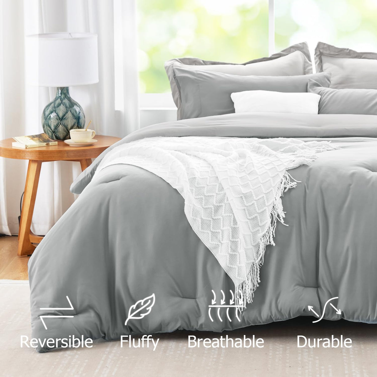 Gray Comforter Set Queen Reversible Bedding Set, 7 Pieces Soft Bed in a Bag Queen