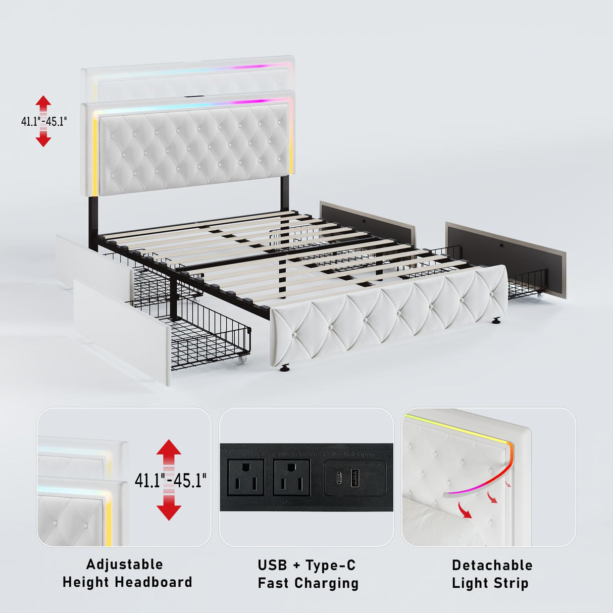 Full Size Bed Frame with Storage - Bed Frame Full with 4 Drawers on Wheel Fast Charging