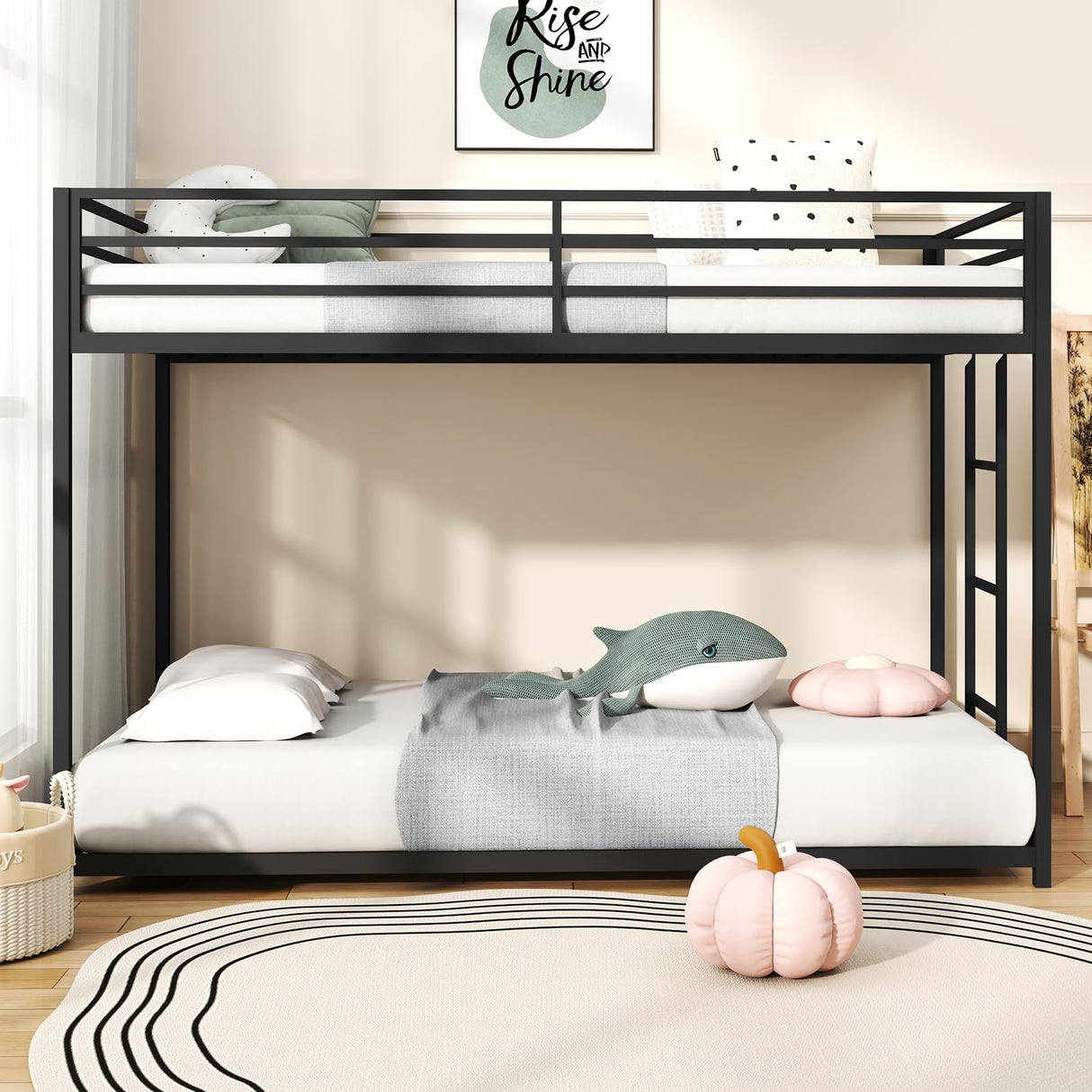 Twin Over Twin Bunk Bed, Metal Low Profile Bunkbeds with Full-Length Guardrail and Ladder