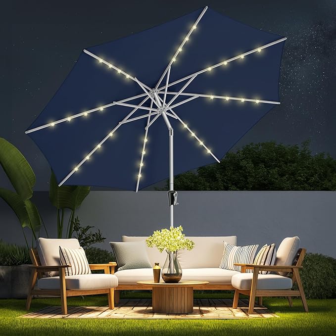 9ft Solar Patio Umbrella - Solar Lights LED Lighted Outdoor Aluminum