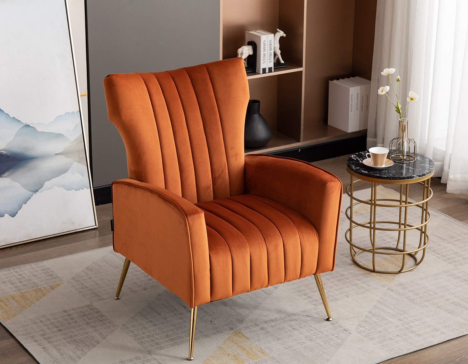 Accent Chair with Metal Gold Legs Velvet Upholstered Arm Club Leisure Modern Chair for Living Room Bedroom Patio, Caramel Color,