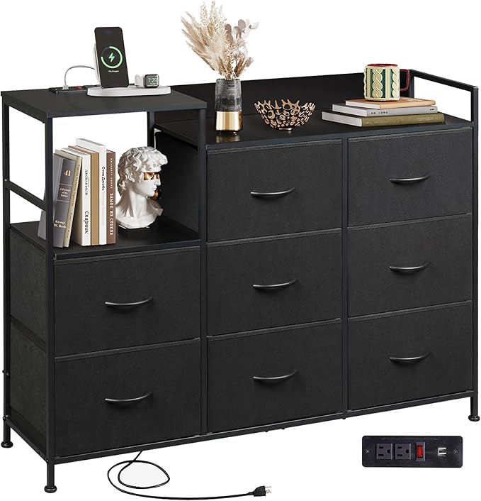 White Dresser TV Stand for Bedroom with Charging Station and Open Shelves, Fabric